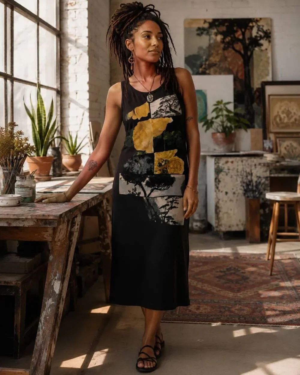 M. Rena Womens Sleeveless Artsy Graphic Print Midi Tank Dress Black Size OS